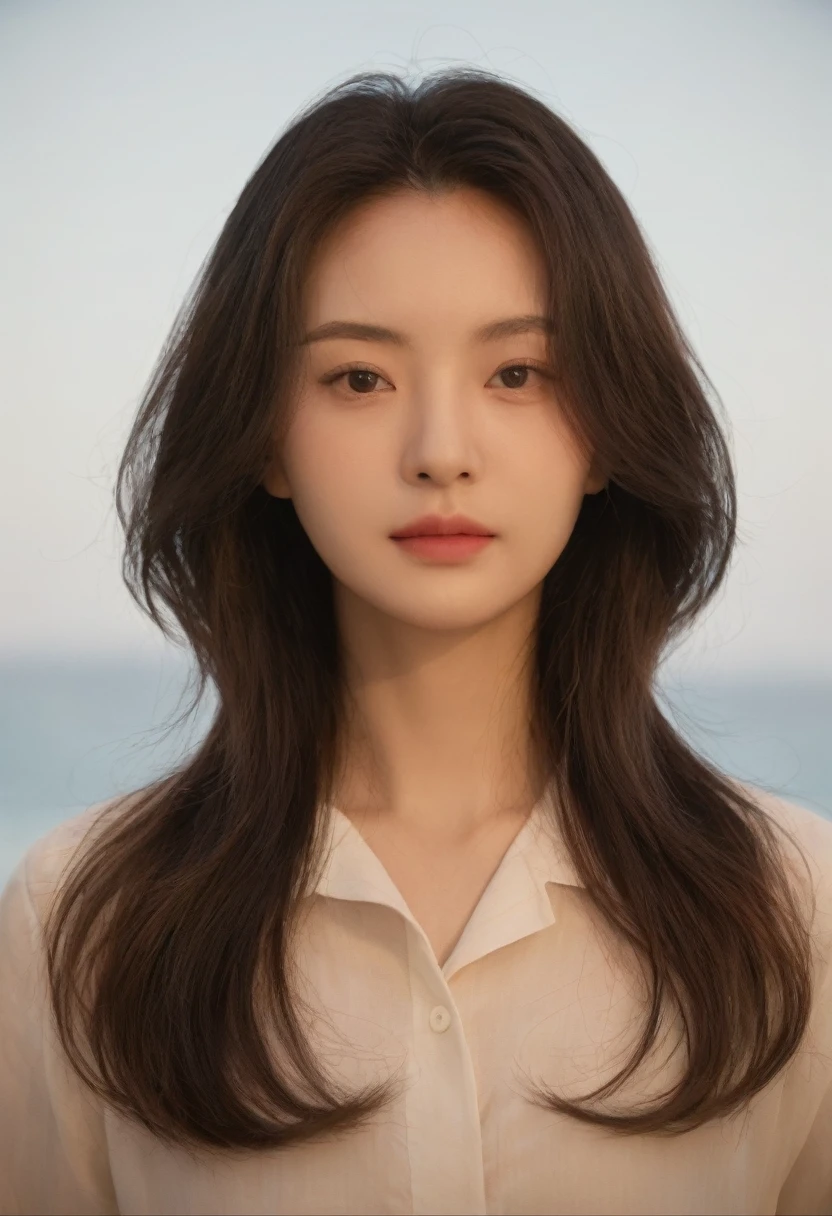Best Quality, 8k, Masterpiece, (Portrait: 1.3), (photo realistic:1.4), (hyper realistic:1.4), Sharp Focus, looking at viewer, (smoother lighting:1.1), (increase cinematic lighting quality:0.9), realistic lighting, backlighting, light on face, ray trace, (brightening light:1.2), (Increase quality:1.4), sharp detail, (best quality real texture skin:1.4), finely detailed eyes, black_eyes, finely detailed face, 25 year old Korean woman, (white formal_shirt:1.4), (Create an image maintaining the original base model hairstyle:1.5)