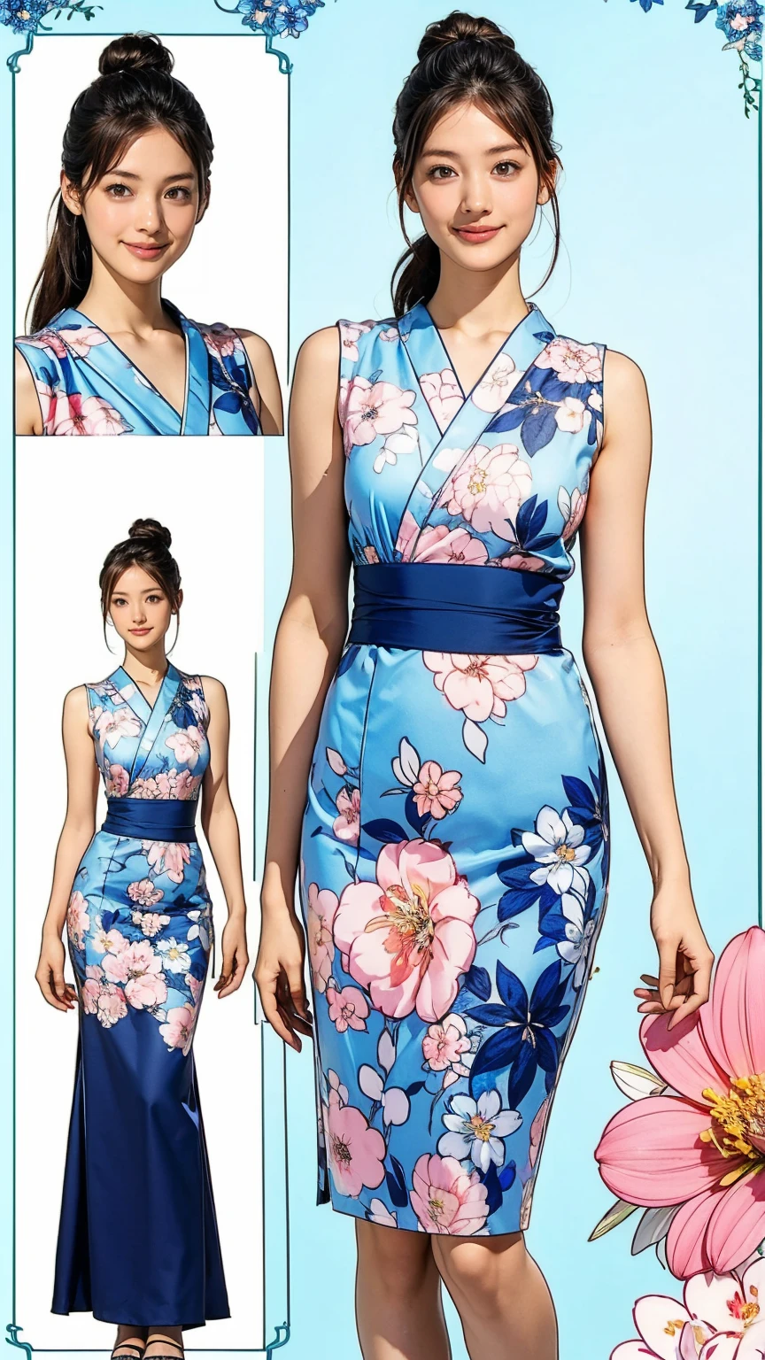 ((masterpiece)),(((Highest quality))),((Character design sheet)),Thin thighs,Long legs,((woman, alone, Long Hair)),Innocent look, Bare arms, Expose your shoulders, Gold and silver see-through dress,Golden Hair,The best smile,((masterpiece)),(((Highest quality))),((Character design sheet)),A Japanese yukata with a bright floral and flower pattern in a combination of light blue and navy blue.:1.5,Stylish sandals:1.5,The best smile:1.5,Upper Body Shot:1.5,Night fireworks background:1.5,Flashy makeup with red eyeshadow:1.5,Bun Hair:1.5,