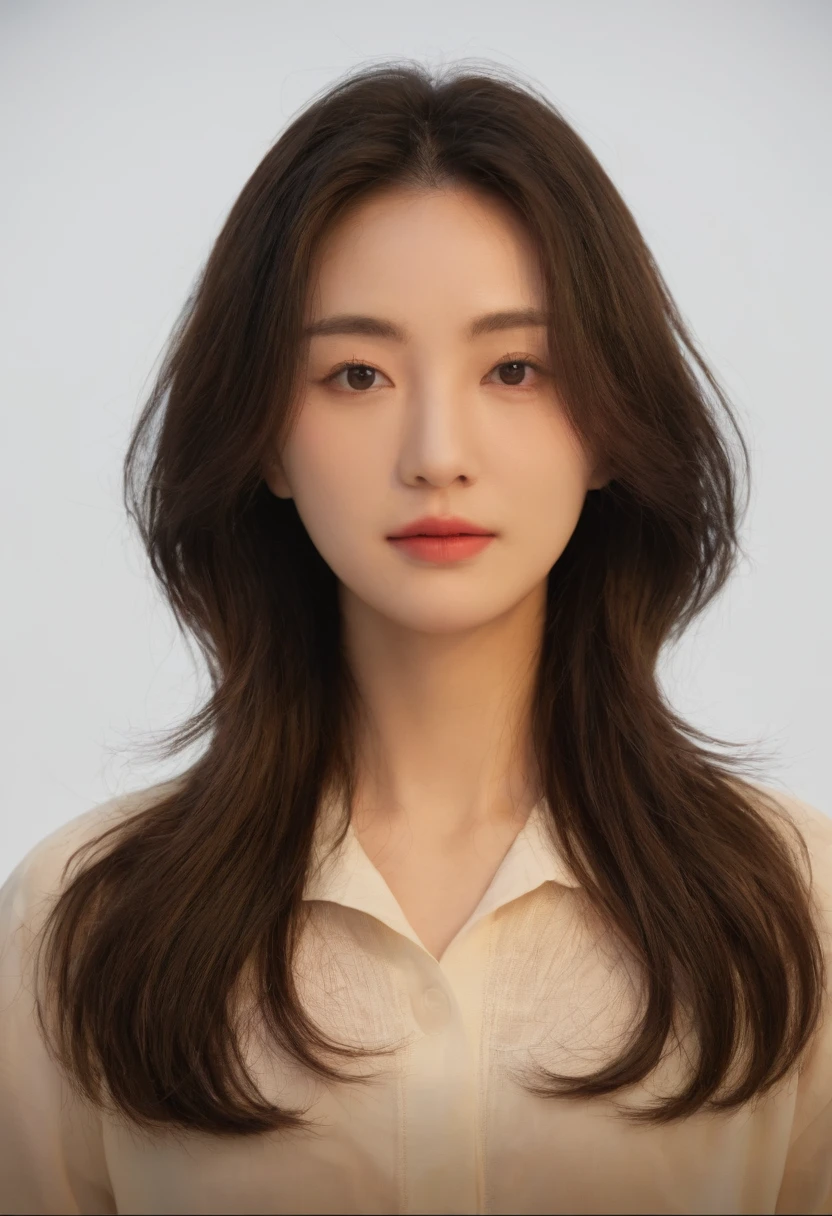 Best Quality, 8k, Masterpiece, (Portrait: 1.3), (photo realistic:1.4), (hyper realistic:1.4), Sharp Focus, looking at viewer, (smoother lighting:1.1), (increase cinematic lighting quality:0.9), realistic lighting, backlighting, light on face, ray trace, (brightening light:1.2), (Increase quality:1.4), sharp detail, (best quality real texture skin:1.4), finely detailed eyes, black_eyes, finely detailed face, 25 year old Korean woman, (white formal_shirt:1.4), (Create an image maintaining the original base model hairstyle:1.5)