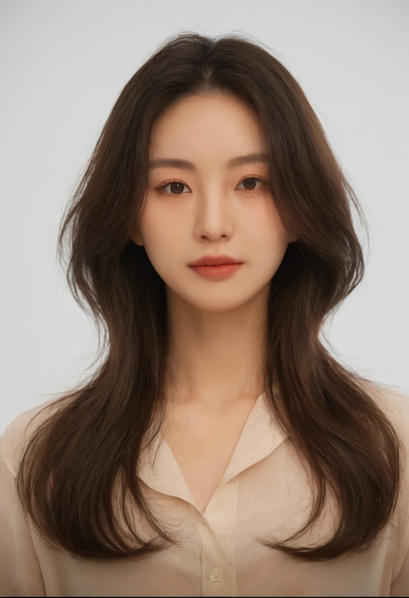 Best Quality, 8k, Masterpiece, (Portrait: 1.3), (photo realistic:1.4), (hyper realistic:1.4), Sharp Focus, looking at viewer, (smoother lighting:1.1), (increase cinematic lighting quality:0.9), realistic lighting, backlighting, light on face, ray trace, (brightening light:1.2), (Increase quality:1.4), sharp detail, (best quality real texture skin:1.4), finely detailed eyes, black_eyes, finely detailed face, 25 year old Korean woman, (white formal_shirt:1.4), (Create an image maintaining the original base model hairstyle:1.5)