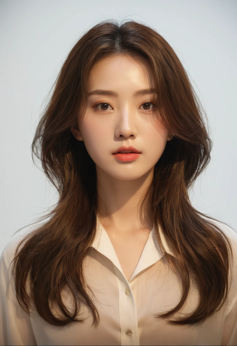Best Quality, 8k, Masterpiece, (Portrait: 1.3), (photo realistic:1.4), (hyper realistic:1.4), Sharp Focus, looking at viewer, (smoother lighting:1.1), (increase cinematic lighting quality:0.9), realistic lighting, backlighting, light on face, ray trace, (brightening light:1.2), (Increase quality:1.4), sharp detail, (best quality real texture skin:1.4), finely detailed eyes, black_eyes, finely detailed face, 25 year old Korean woman, (white formal_shirt:1.4), (Create an image maintaining the original base model hairstyle:1.5)