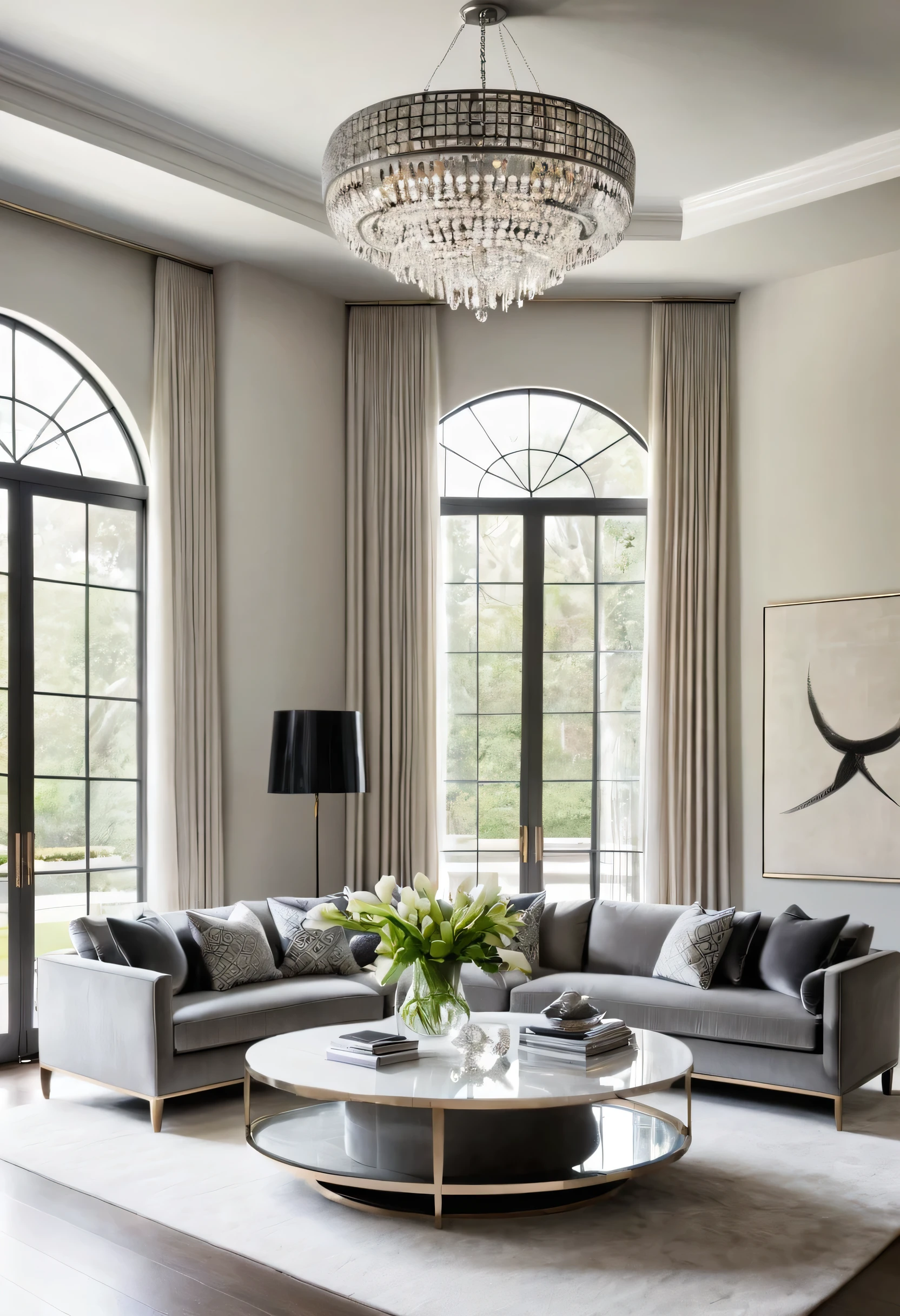 A modern living room, bathed in soft natural light, exudes an air of understated elegance. The plush gray sofas, adorned with subtle patterned cushions, invite relaxation, while the sleek, geometric coffee table and the dramatic, curved crystal chandelier add a touch of sophistication.
