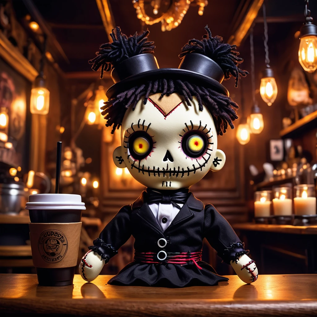 (knitted toy voodoo doll:1.7), (Voodoo in a Gothic Cafe:1.3), (Clothing: dark barista uniform with glowing gothic elements:1.0), (Accessories: enchanted coffee cup emitting sparks of dark brew magic, levitating haunted pastries:1.1), (background: mystical gothic cafe with floating eerie decor, glowing candles, and spectral customers:1.2), best quality, masterpiece, detailed soft oil painting, detailed background, dramatic cinematic lighting, soft edge lighting, professional, dramatic lighting, hard edge lighting, ultra quality, 4k,masterpiece, best quality, 8k, ultra highres, highres, extremely detailed