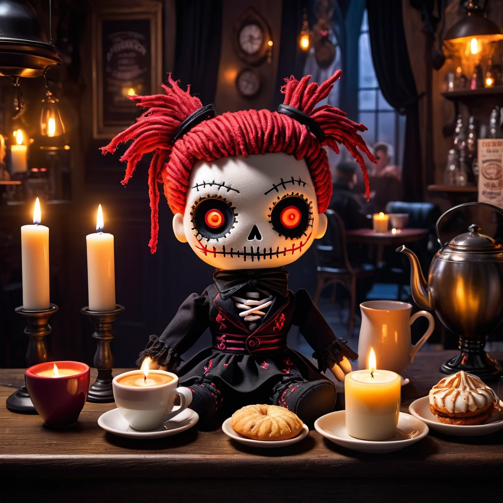 (knitted toy voodoo doll:1.7), (Voodoo in a Gothic Cafe:1.3), (Clothing: dark barista uniform with glowing gothic elements:1.0), (Accessories: enchanted coffee cup emitting sparks of dark brew magic, levitating haunted pastries:1.1), (background: mystical gothic cafe with floating eerie decor, glowing candles, and spectral customers:1.2), best quality, masterpiece, detailed soft oil painting, detailed background, dramatic cinematic lighting, soft edge lighting, professional, dramatic lighting, hard edge lighting, ultra quality, 4k,masterpiece, best quality, 8k, ultra highres, highres, extremely detailed