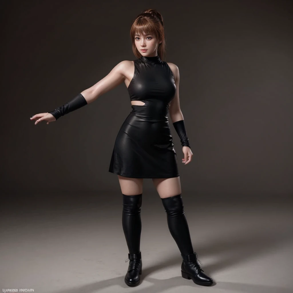 Kasumi, brown eyes, (best quality, ultra-detailed), (realistic:1.37), beautiful and detailed face, ultra-realistic texture, delicate face, delicate body, red lipstick, bright colors. High definition, 8K.