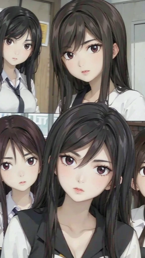 Mommy with 4 daughters,black hair, long hair, messy hair, hair between eyes, chubby cheek,Sexy lips, pucker lips