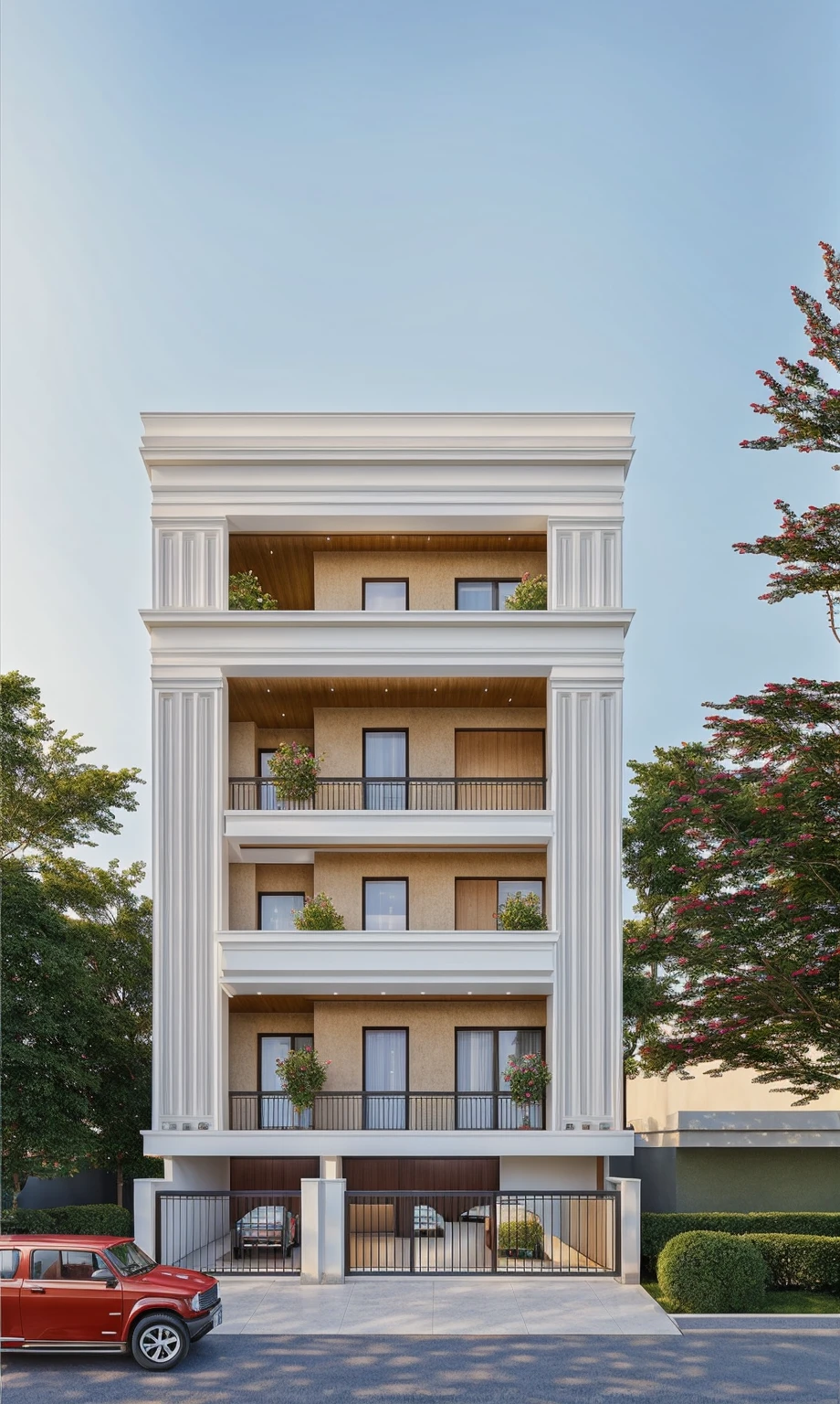 PLATEFORME KTHOUSE, Beaucoup de belles fleurs rouges le long de la route:1.3, romantique, 1 maison de style néoclassique, La maison de ville est faite de murs blancs, belle lumière, journée de beauté, ensoleillé, Beaucoup de bougainvilliers rouges le long de la route:1.3, belle sensation de jeunesse :1.2, soleil à midi, Très belles ombres, 