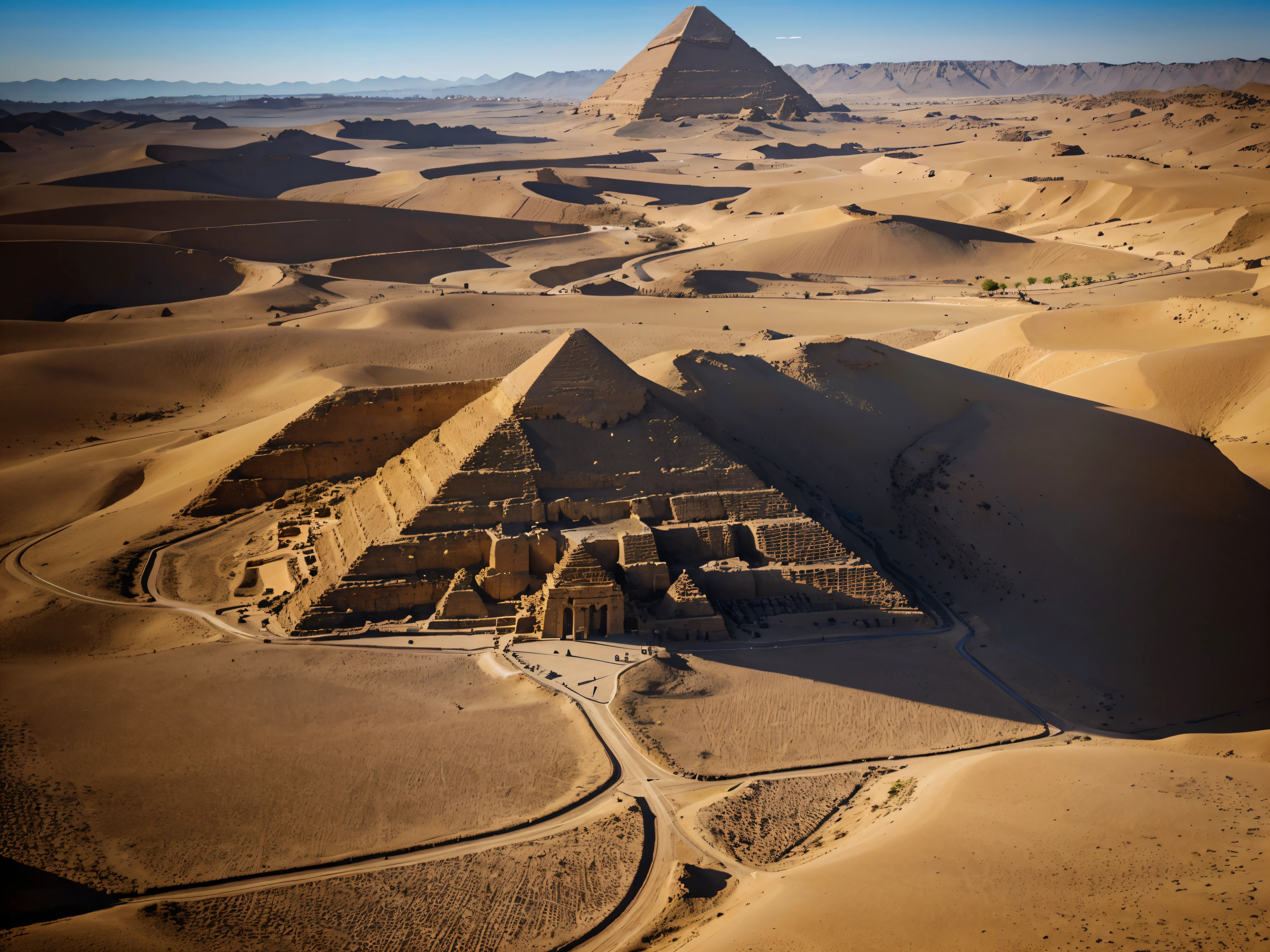 a vast ancient Egyptian landscape with the iconic Pyramids of Giza, three large pyramid structures surrounded by the vast desert, a clear blue sky, dramatic lighting, detailed textures, a sense of scale and grandeur, (best quality,4k,8k,highres,masterpiece:1.2),ultra-detailed,(realistic,photorealistic,photo-realistic:1.37),dramatic lighting,cinematic composition,sweeping desert landscape,ancient historical monument,iconic Egyptian architecture,dramatic sky,dramatic shadows,ultra-detailed textures,a sense of timeless wonder