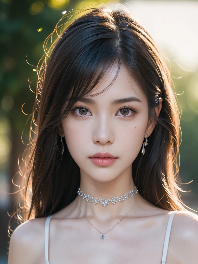 1girl, alone, solitary, high quality, (best quality,4k,8k,highres,masterpiece:1.2),ultra-detailed,(realistic,photorealistic,photo-realistic:1.37),gorgeous hair,black hair, jet black long straight hair with bangs,puffy eyes,mole on the cheek,plump lips,jewelry,(high detailed skin:1.4),(rim lighting:1.3),(lit:1.3),(sunny day:1.3),portrait,beautiful lips,waist-length hair,seductive gaze,moles,sundress,pastel dress,short dress,close up,really long hair,choker necklace,tattoos,tattooed,light eyes,bangs,fringe
