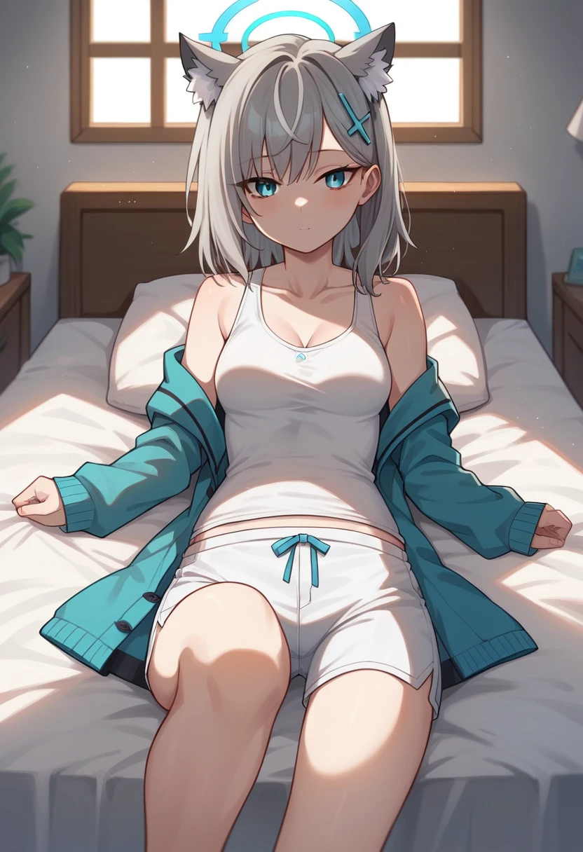 1girl, shiroko (blue archive), animal ears, solo, halo, blue eyes, extra ears, (mismatched pupils), (grey hair:1.2), animal ear fluff, lying, looking at viewer, bangs, open clothes, on back, medium hair, outstretched arms, (white shirt:1.2), white shorts, off shoulder, collarbone, (long sleeves), (yallow Cardigan with yellow inside:1.2), (sunset:0.6), bedroom, cowboy shot, from front, super close, liyng on bed , (nsfw:0.6) ,(one leg up)