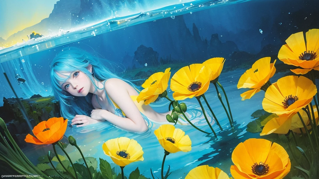 32k, Masterpiece, Highest quality, One girl, Detailed eyes, flower,Iceland Poppy, Blue and yellow style,A dreamy, romantic piece,Pale yellow, Mysterious Leaves,A playful arrangement,Fantasy,High Contrast,Ink strokes,explosion,Exposure, Impression of blue and yellow tones,Abstract,((Watercolours by John Berkey and Jeremy Mann )) Brush strokes,Negative Space, Tyndall effect,