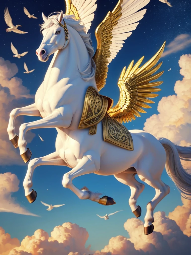 Fictional animals from Greek mythology,Appearance: A winged white horse,Golden wings and brass hooves,With a shining golden mane,Running through the sky faster than the wind,The tireless horse,Pegasus is a flying horse, said to be the messenger of Zeus, the supreme god of the sky, and can only be ridden with golden reins.,Pure White Pegasus,Long-winged Pegasus