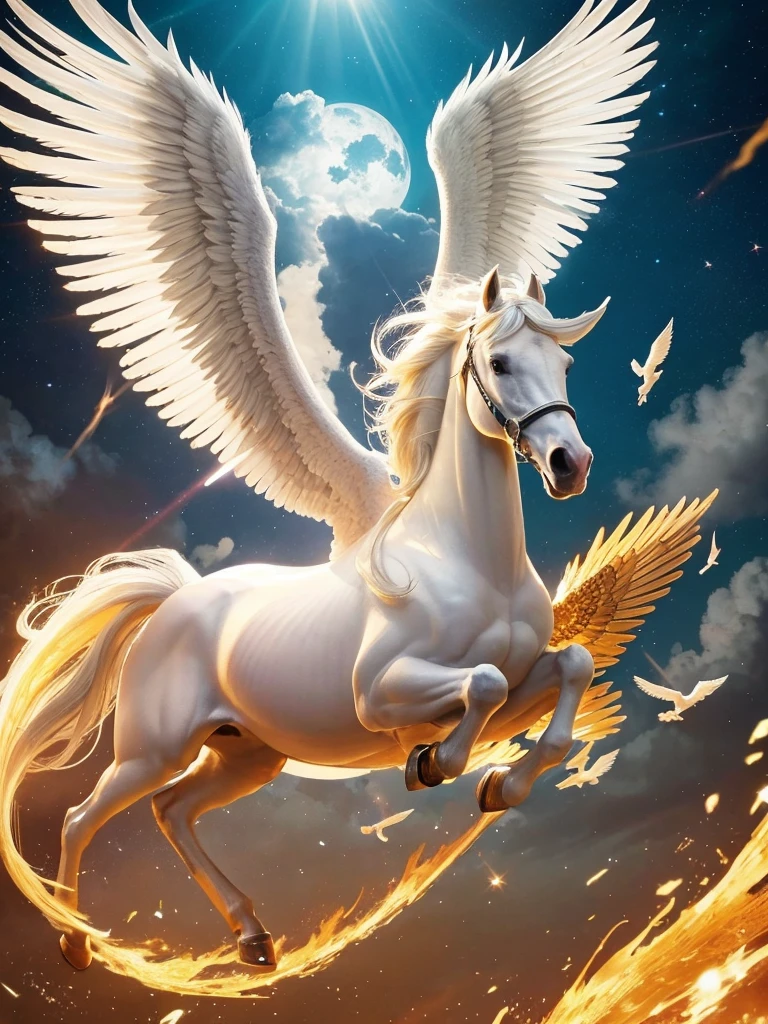 Fictional animals from Greek mythology,Appearance: A winged white horse,Golden wings and brass hooves,With a shining golden mane,Running through the sky faster than the wind,The tireless horse,Pegasus is a flying horse, said to be the messenger of Zeus, the supreme god of the sky, and can only be ridden with golden reins.,Pure White Pegasus,Long-winged Pegasus