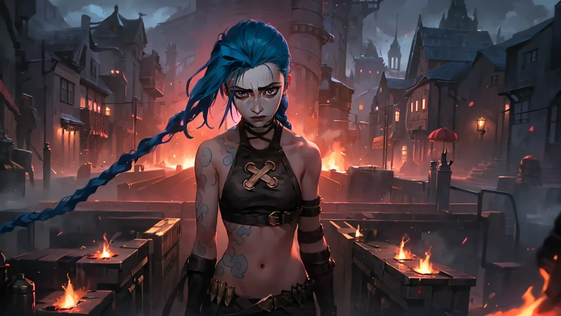 (masterpiece, Best quality), 1 girl, portrait, very sexy, holding a gun in his hand (((round barrel, Short))) pistol grip in right hand, Arm outstretched, full length (full body 1.1.), очень feminine, fighting stance, battle, fire, explosions, burning city, Beautiful waist, gloomy composition, flame, fire, Flash, very beautiful, feminine, long hair, hair braided in long braids, very sexy, tight leather pants, emphasis on the eyes, face accent, Beautiful face, Hands, Hair, Haired ponytail, red purple eyes, Jinx is crying, Blue cloud tattoo, (masterpiece, Best quality), Side lighting, beautiful detailed eyes, crazy face), (Best quality), (masterpiece), magic photography, Spectacular lighting, Photorealism, ultra detailed, интимная portraitная композиция, 1. 4,8 k UHD, aesthetic, Cd., A high resolution, 8 k, better lighting, Best shade, Ultra-HD, A high resolution, sharp focus, Complex background, Cinematic lighting, ((Landscape view)), 4K block, (better lighting), ((Cinematic lighting)),