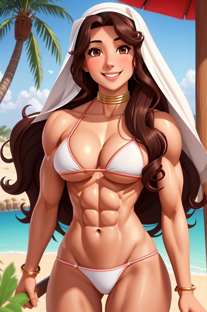 attractive arabian woman, ripped muscle, muscular body, pale skin, smile(blush), bikini, sixpack abs, [ultra detailed skin:1.2], dark brown hair, long curly hair, 8k uhd, pussy, stand,