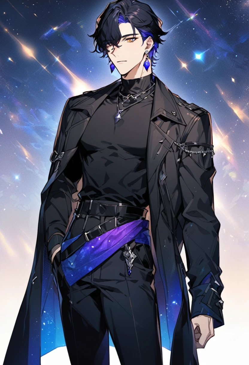 a handsome young man, he wears galaxy colored earrings, he looks so mysterious, He was dressed in a black shirt with his black coat hanging over his shoulder. Manhwa style.