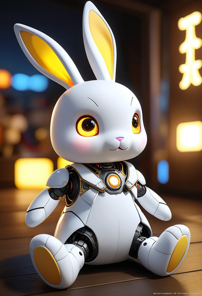 A white rabbit with yellow eyes is sitting, stuffed toy, Cute anthropomorphic rabbit, Cute Anime, Cute Toys, stuffed toy photography, ウサギrobot, stuffed toy, Soft Anime, stuffed toy, stuffed toy, Cute and detailed digital art, With glowing eyes, Cute digital art,robot,Plastic Models,Glossy CG ,Unity ,8k wallpaper, wonderful, In detail, masterpiece,Highest quality,Official Art, 非常に詳細な CG Unity 8k wallpaper,３d,family,