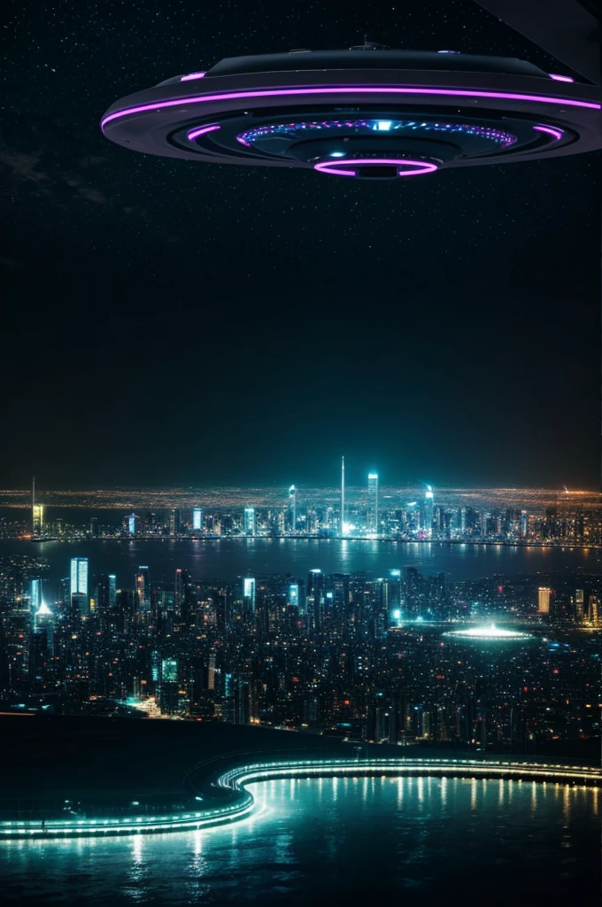 The view in the distance of a huge New Wave-style night city aligned towards the central point of the image in a humid environment with rain and in the sky a New Wave Futurama-style UFO