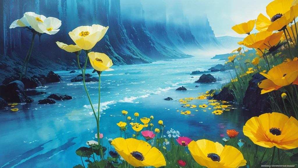 32k, Masterpiece, Highest quality, One girl, Detailed eyes, flower,Iceland Poppy, Blue and yellow style,A dreamy, romantic piece,Pale yellow, Mysterious Leaves,A playful arrangement,Fantasy,High Contrast,Ink strokes,explosion,Exposure, Impression of blue and yellow tones,Abstract,((Watercolours by John Berkey and Jeremy Mann )) Brush strokes,Negative Space, Tyndall effect,