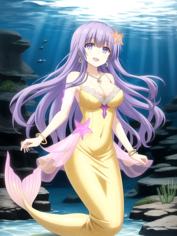 Miku Izayoi | Date A Live, mermaid, long hair, light purple hair, purple eyes, cleavage, bra, underwater, sea, looking at viewer, happy, smooth，Wear evening gown，alice bluedress, ((glow dress:1.5))sequin evening dress，dress dress，silk scarf，lace dress（Premium lace details：1.1）alice blue，High heel，livestock，Wear jewelry，ear nipple ring，necklace，bracele,