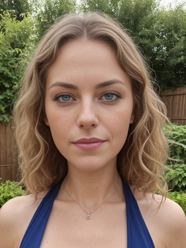 1girl, solo, realistic, anorexia, ((ugly:1.5)), German woman, mature, (35-years-old), (German woman features), curly brunette, (German blue-eyes), long curly hair, hair bobbles, light freckles on cheeks and nose, eye wrinkles, plump lips, (German body), she is Amanda and she has fair skin, upper body and upper legs, (background: backyard garden)
