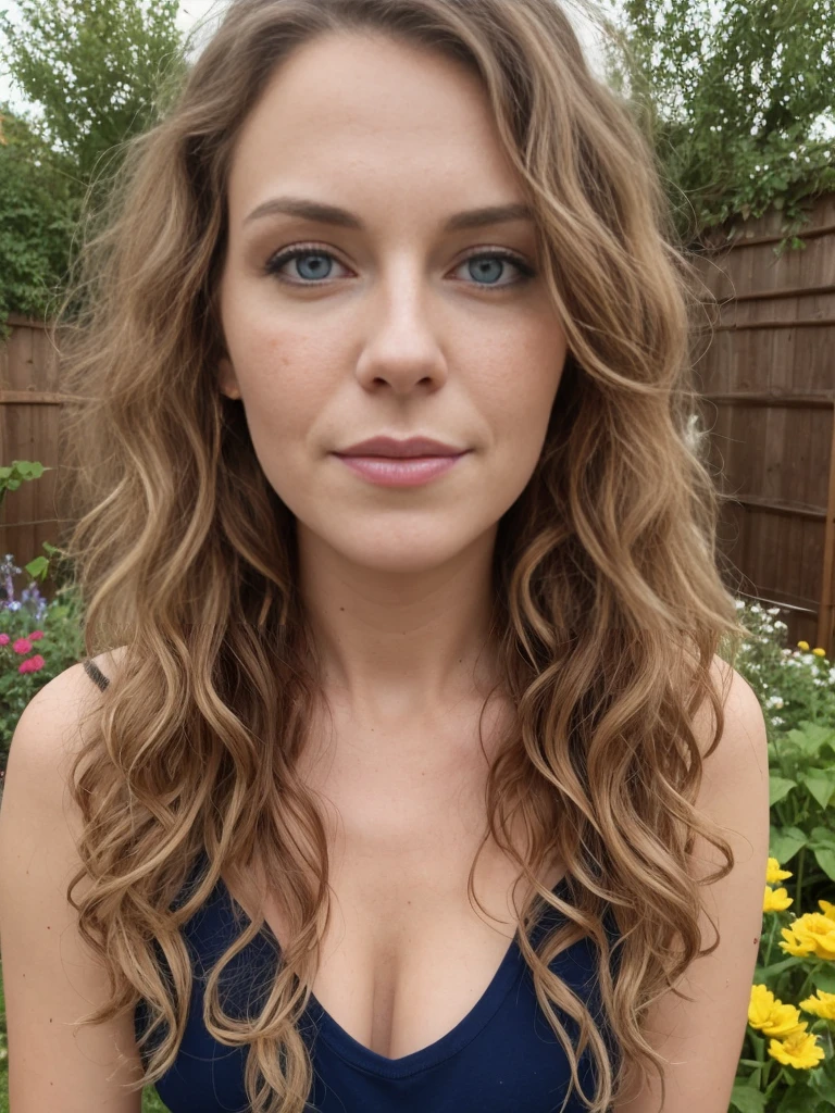1girl, solo, realistic, anorexia, ((ugly:1.5)), German woman, mature, (35-years-old), (German woman features), curly brunette, (German blue-eyes), long curly hair, hair bobbles, light freckles on cheeks and nose, eye wrinkles, plump lips, (German body), she is Amanda and she has fair skin, upper body and upper legs, (background: backyard garden)