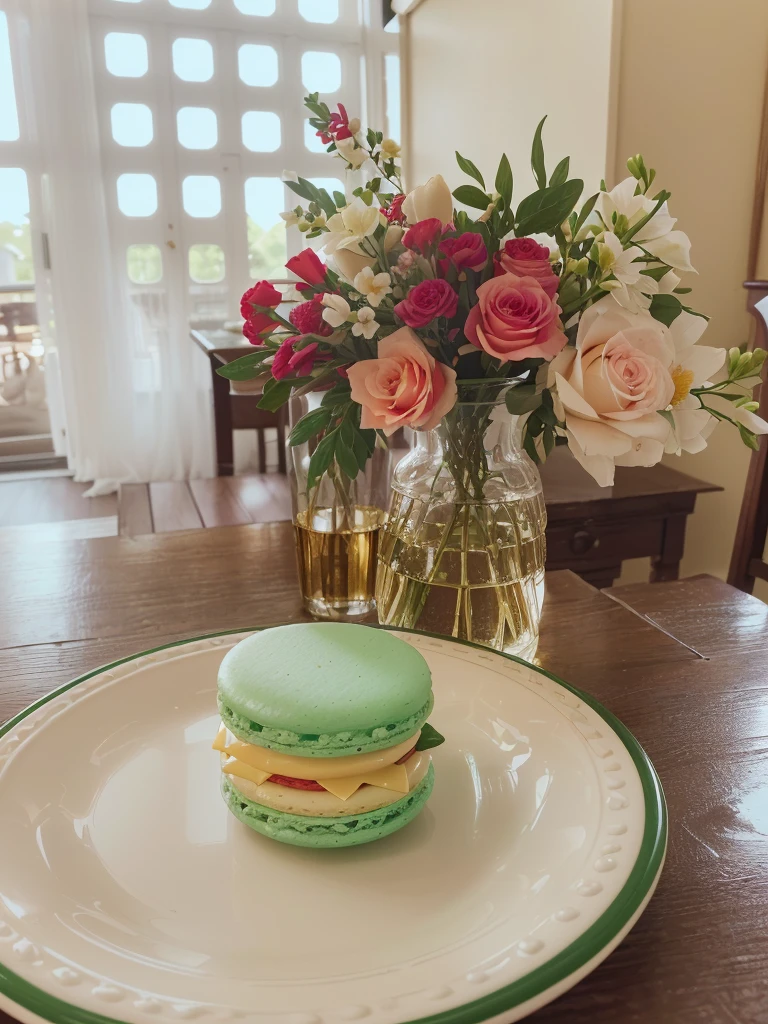 Background light, composition, beautiful, macaron dessert with a slice of cheese, white plate, green border, vase with flowers, red and white flowers, restaurant environment, wooden tabletop, QR code sign, vintage decoration, natural light, indoor photography, dining scene