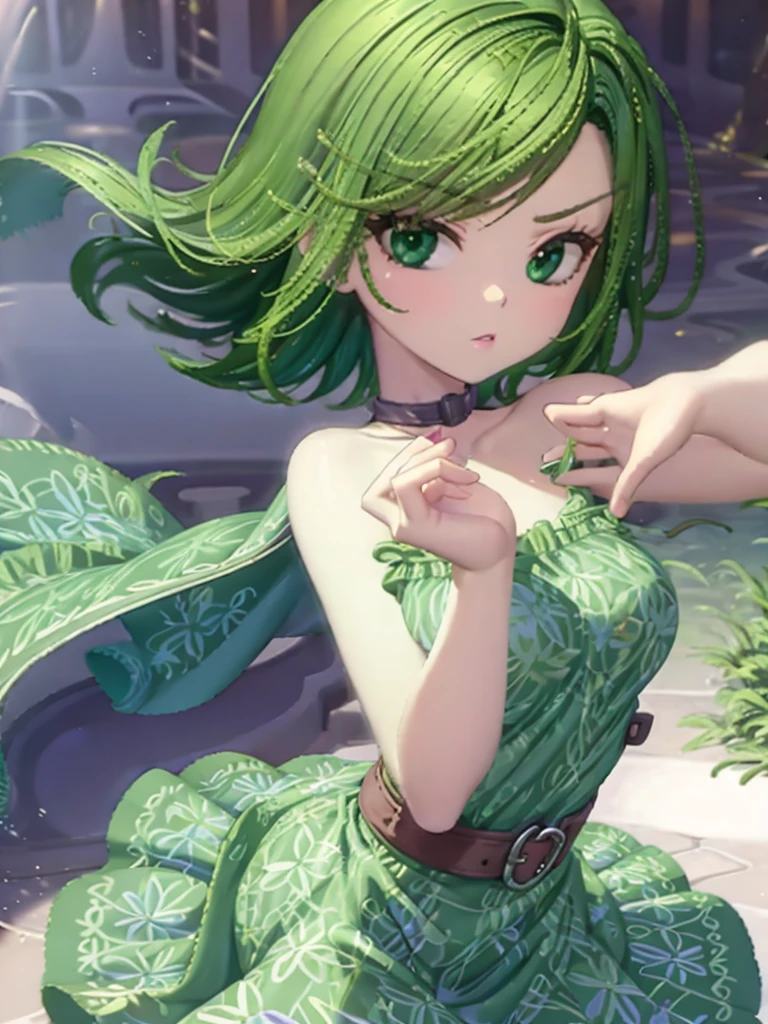 1girl, solo, beautiful girl, green skin, green eyes, big eyes, long eyelashes, green hair, short hair, shiny hair, medium breasts, green dress, strapless dress, floral print dress, green belt, purple scarf around the neck, green leggins, looking at viewer, bare arms, bare shoulders, disgust face, narrow waist, big butt, violet lips, lip gloss, perfect hands, perfect anatomy, dress pull, breast slip, nipple slip, puffy nipples, topless,