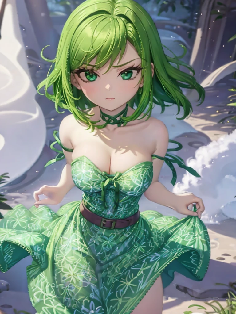 1girl, solo, beautiful girl, green skin, green eyes, big eyes, long eyelashes, green hair, short hair, shiny hair, medium breasts, green dress, strapless dress, floral print dress, green belt, purple scarf around the neck, green leggins, looking at viewer, bare arms, bare shoulders, disgust face, narrow waist, big butt, violet lips, lip gloss, perfect hands, perfect anatomy, dress pull, breast slip, nipple slip, puffy nipples, topless,