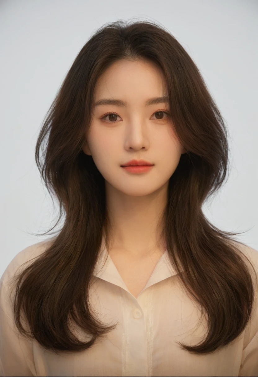 Best Quality, 8k, Masterpiece, (Portrait: 1.3), (photo realistic:1.4), (hyper realistic:1.4), Sharp Focus, looking at viewer, (smoother lighting:1.1), (increase cinematic lighting quality:0.9), realistic lighting, backlighting, light on face, ray trace, (brightening light:1.2), (Increase quality:1.4), sharp detail, (best quality real texture skin:1.4), finely detailed eyes, black_eyes, finely detailed face, 25 year old Korean woman, (white formal_shirt:1.4), (Create an image maintaining the original base model hairstyle:1.5)