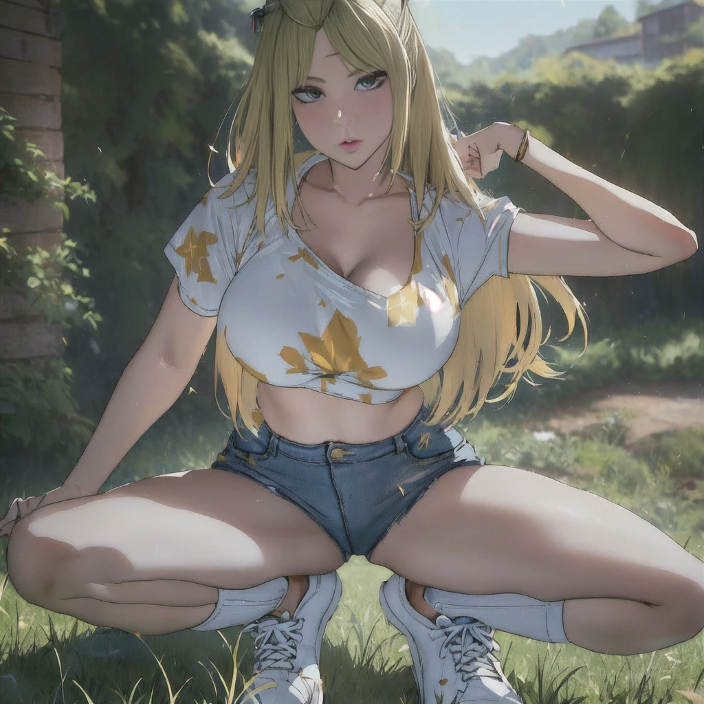 araffed woman in a yellow top and denim shorts squatting on the grass, amouranth, better known as amouranth, blonde goddess, alexa grace, young beautiful amouranth, ava max, perfect blonde haired girl, giant stunning goddess shot, perfect body, anna nikonova aka newmilky, ross tran style, wearing a cute top, yellow sneakers, highly detailed face, beautiful face, cleavage