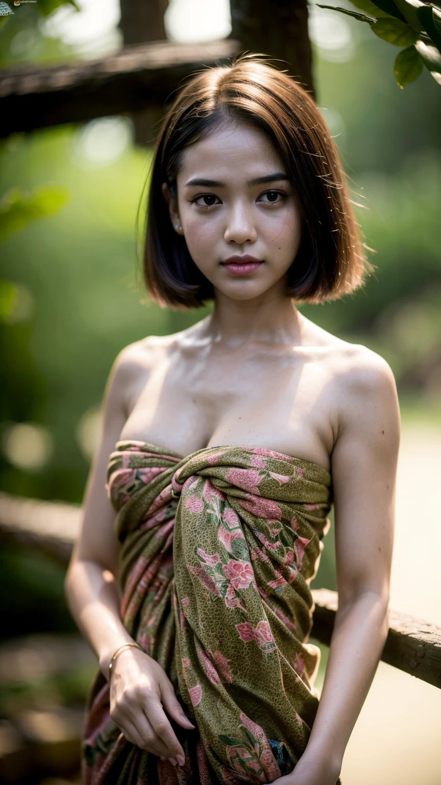 hd,high quality,4k,hyper realistic,masterpiece,((small boobs)),((kain sarong)),((night dirty jungle)),low lighting,(()),((night time)),((standing))(((upper body))),detail face,short hair,cute smirk teen