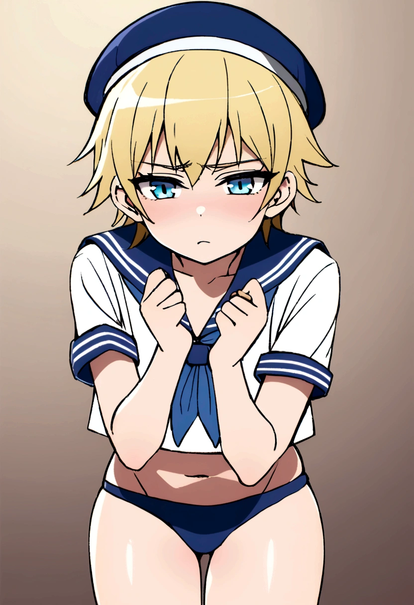 Blonde,wolf cut. , sailor suit, sailor hat, blue eyes, tomboy, Naughty
