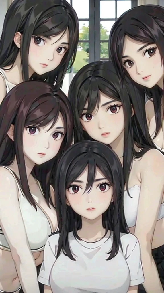 Mommy with 4 daughters,black hair, long hair, messy hair, hair between eyes, chubby cheek,Sexy lips, pucker lips