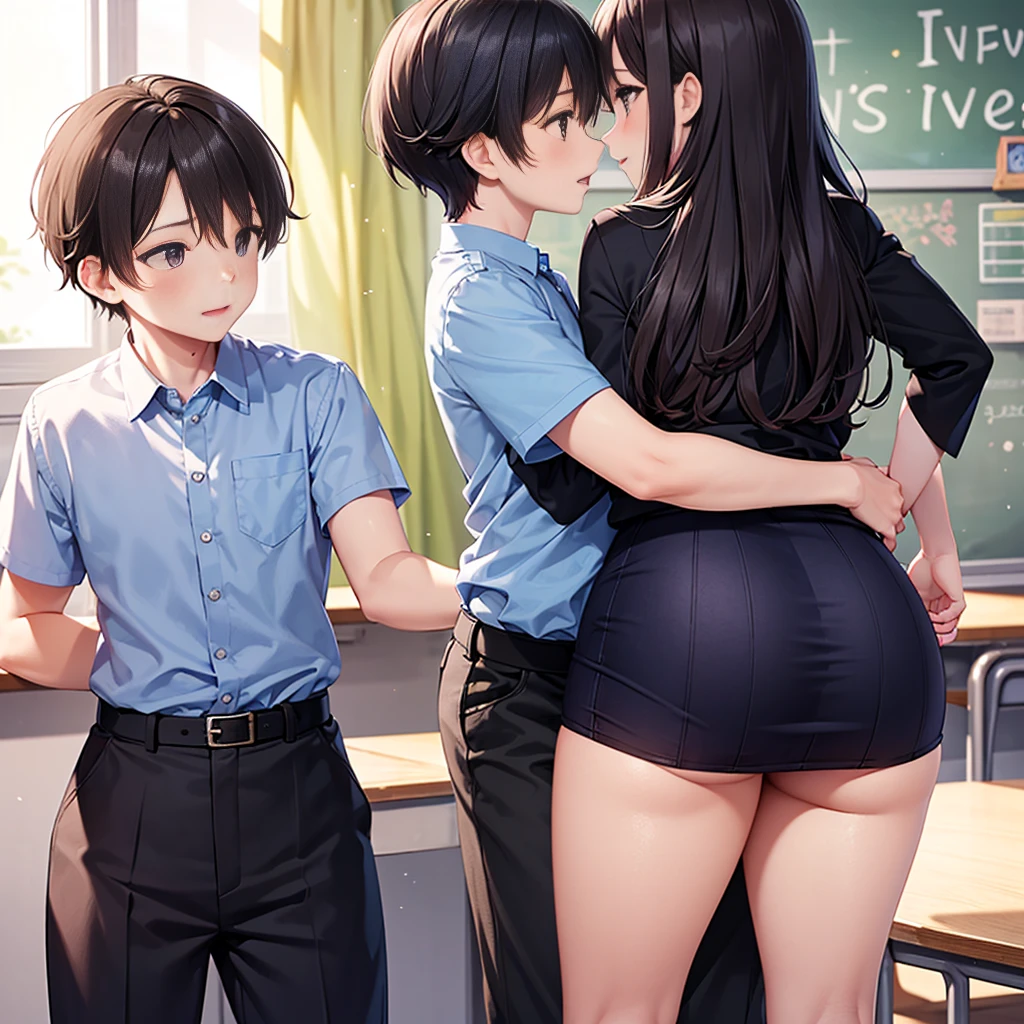 Highest quality,Highest quality,A female  teacher in her 30s and a 6-year-old boy、The her iearing a tight long skirt、The teacher hugs the boy from behind.、Put your hand in your crotch