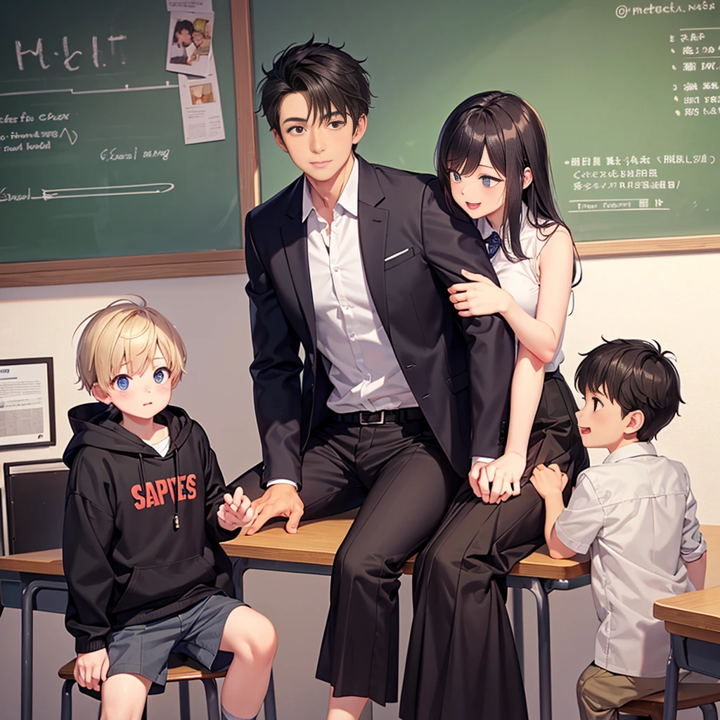 Highest quality,Highest quality,A female elementary school teacher in her 30s and a 6-year-old boy、The teacher is wearing a tight long skirt、The teacher hugs the boy from behind.、Put your hand in your crotch