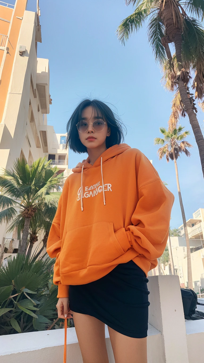 1 girl, wear ((orange oversized hoodie)), (purple tennis skirt),Best Quality,Masterpiece,Ultra High Resolution,(Realisticity:1.4),Original Photo, 1Girl, light leak,dark intens shadow,ultra high resolution,UHD,beautiful, black bob hair, almond eye, no makeup,  in front of 80's architecture colorful motel, (from below:1.2), (realistic:1.2), (surreal:1.3), (very detailed:1.1), ((masterpiece)),summer, blue sky, palm trees,sunny, los angles vibes