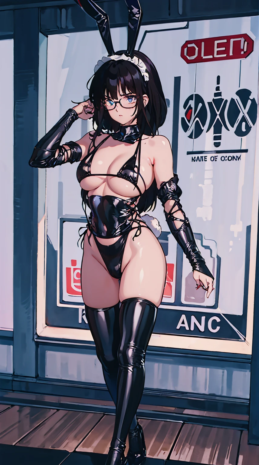 high quality, Masterpiece, (1 female, naked)door, science fiction city, (Cyberpunk Night City:1.1), depth of field, Cover an eye for hair , whole body, Standing, legs open, dance, long black hair, Low Dutch angle, fishing net socks (Transparent:1.1), huge breasts, hetiras, long eyeslashes, Gothic, nipple piercing, ercing, sweat, outdoor,micro bikini, arm tattoo, pubic tattoo, shoulder tattoo, Toque underboob, ojos de high quality,blue eyes, glasses,rabbit ears, Playboy Bunny, maid, boneels,
