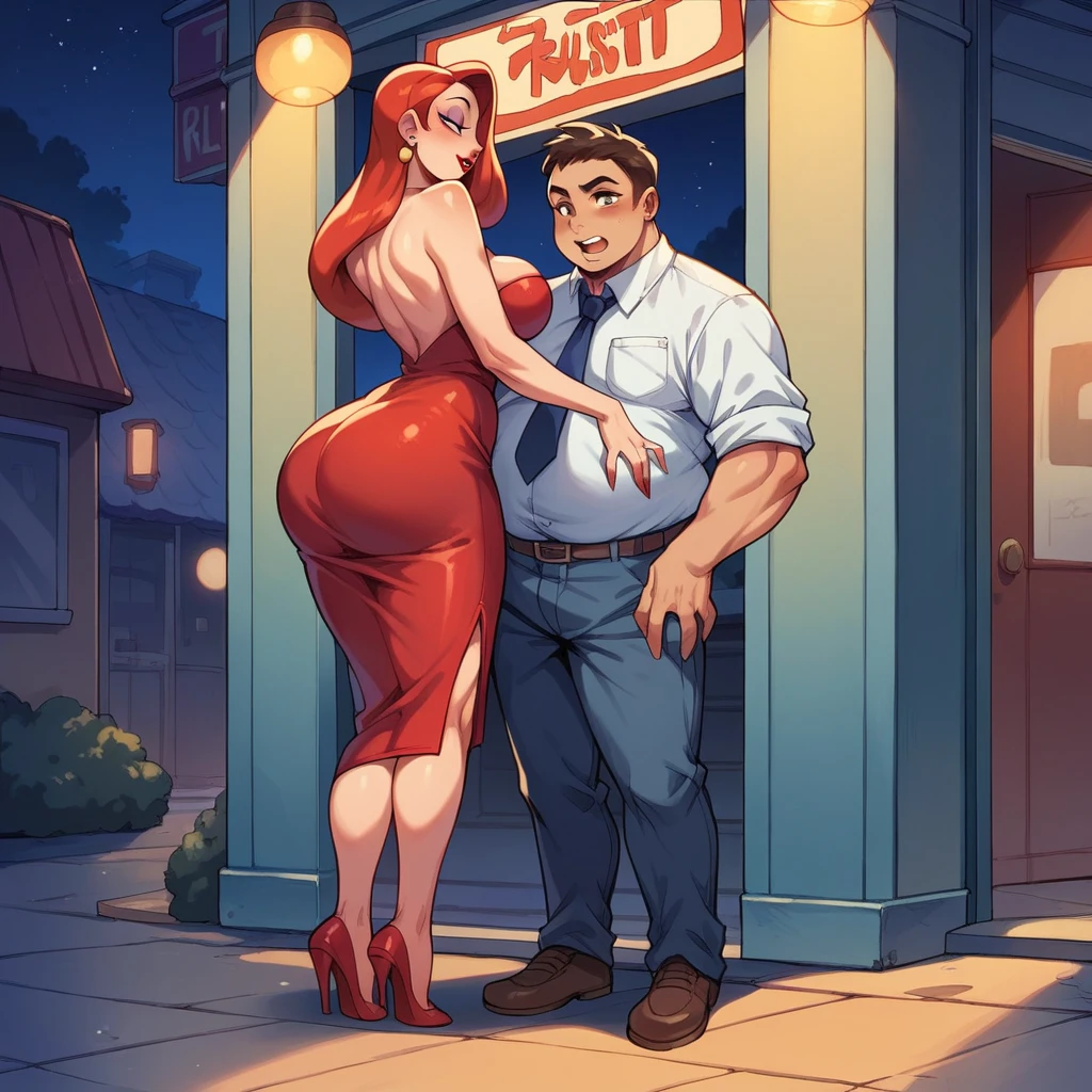 A fat young man walks down the street at night, he wears a shirt and tie. On the other street is Jessica Rabbit standing on the corner, she is wearing a red dress, she has big tits and a big ass, night