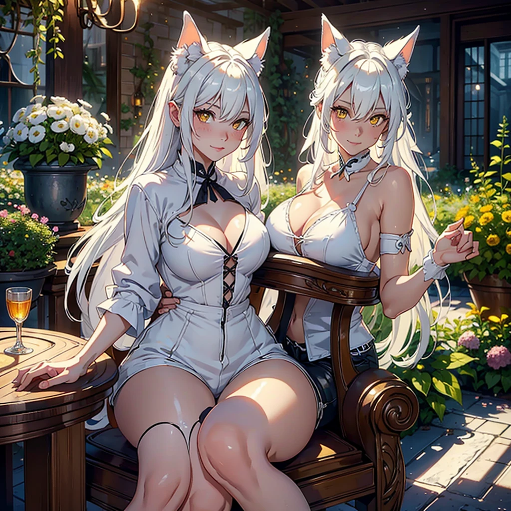 A werewolf with ears and tail, long white hair, honey yellow eyes, beautiful body, wide and seductive smile, blushing, big chest, highly detailed eyes, high range of expressions, very realistic skin and textures, shorts, translucent white blouse, leaning on a chair, whole body, in an indoor garden, flowers of many colors, The best quality, High Definition, 8k, 4k, unsurpassed realism, very detailed background.