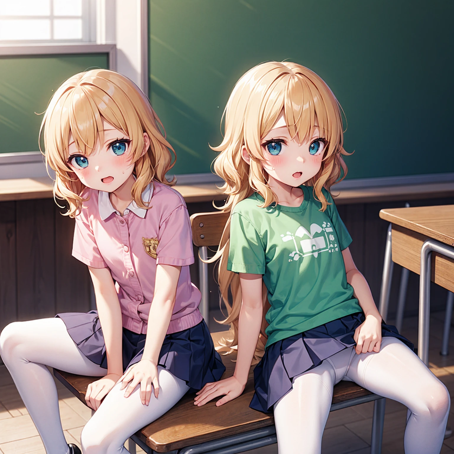 Highest quality,Highest quality,One Girl,One boy,(((()))),Flat Chest,orgasm,blush, Sweat, Sakurai Momoka,blonde,White Sarah Outfit,Navy Blue Skirt, It is not a pleated skirt,whole body,classroom, White Pantyhose、Navy Blue Skirtをめくる、Spread your legs