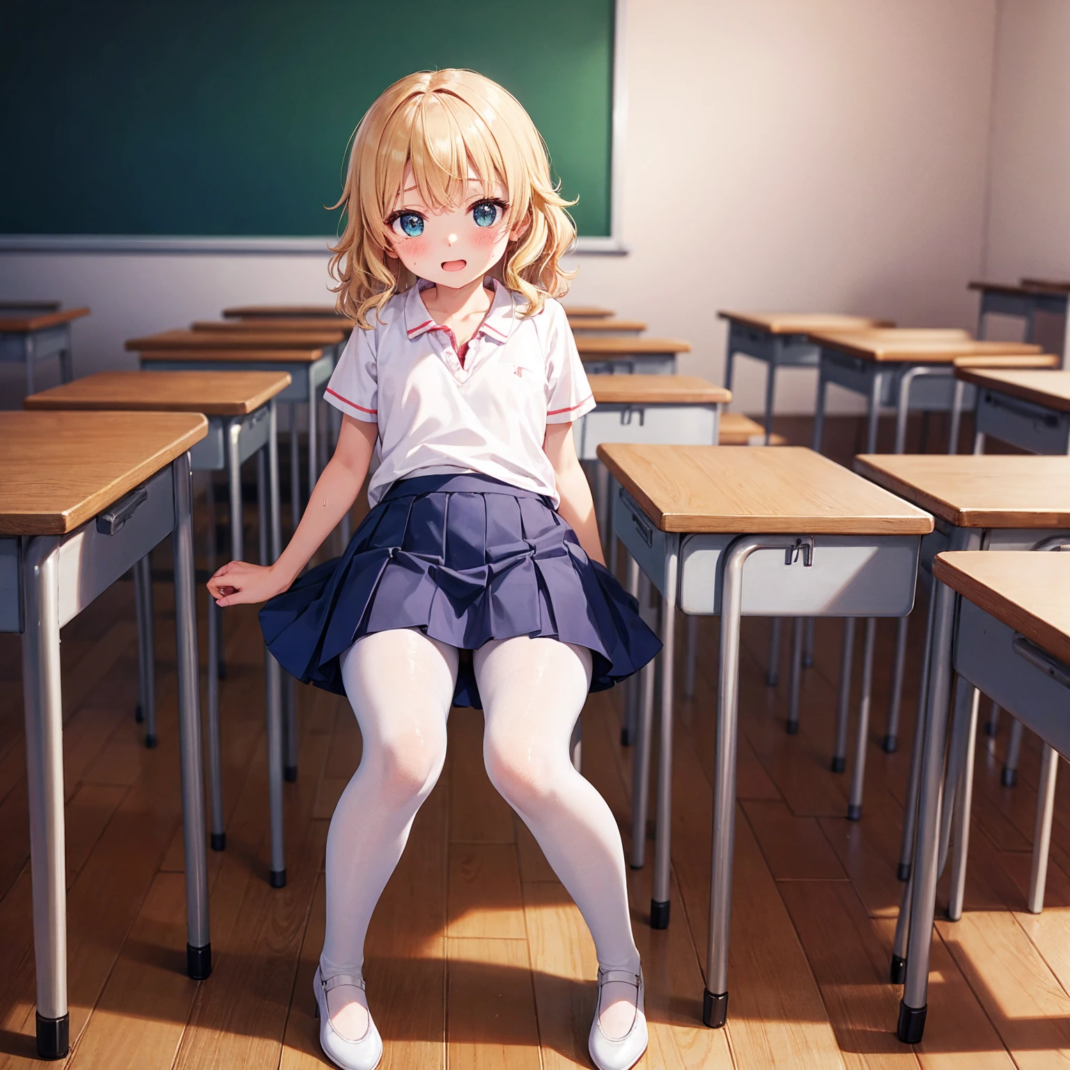 Highest quality,Highest quality,One Girl,One boy,((((10 years old)))),Flat Chest,orgasm,blush, Sweat, Sakurai Momoka,blonde,White Sarah Outfit,Navy Blue Skirt, It is not a pleated skirt,whole body,classroom, White Pantyhose、Navy Blue Skirtをめくる、Spread your legs