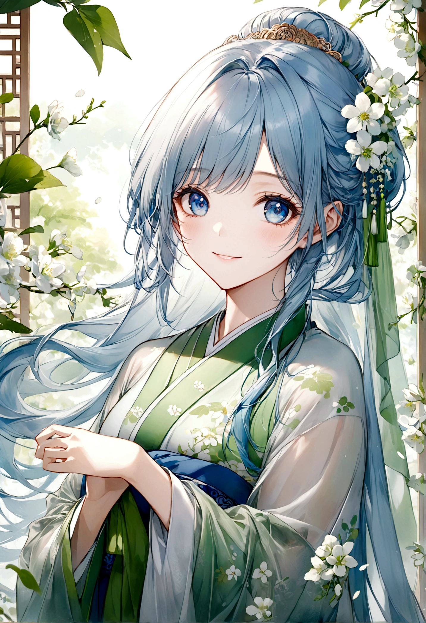((top-quality)), ((masterpiece)), ((ultra-detailliert)), (extremely delicate and beautiful), beautiful woman, bright light blue hair, long hair, sapphire blue eyes, traditional chinese hairstyle, wearing sheer green hanfu dress, flowy shawl, sheer spring green and white shawl, sweet smile, relaxed expression, fair complexion, delicate white flowers background