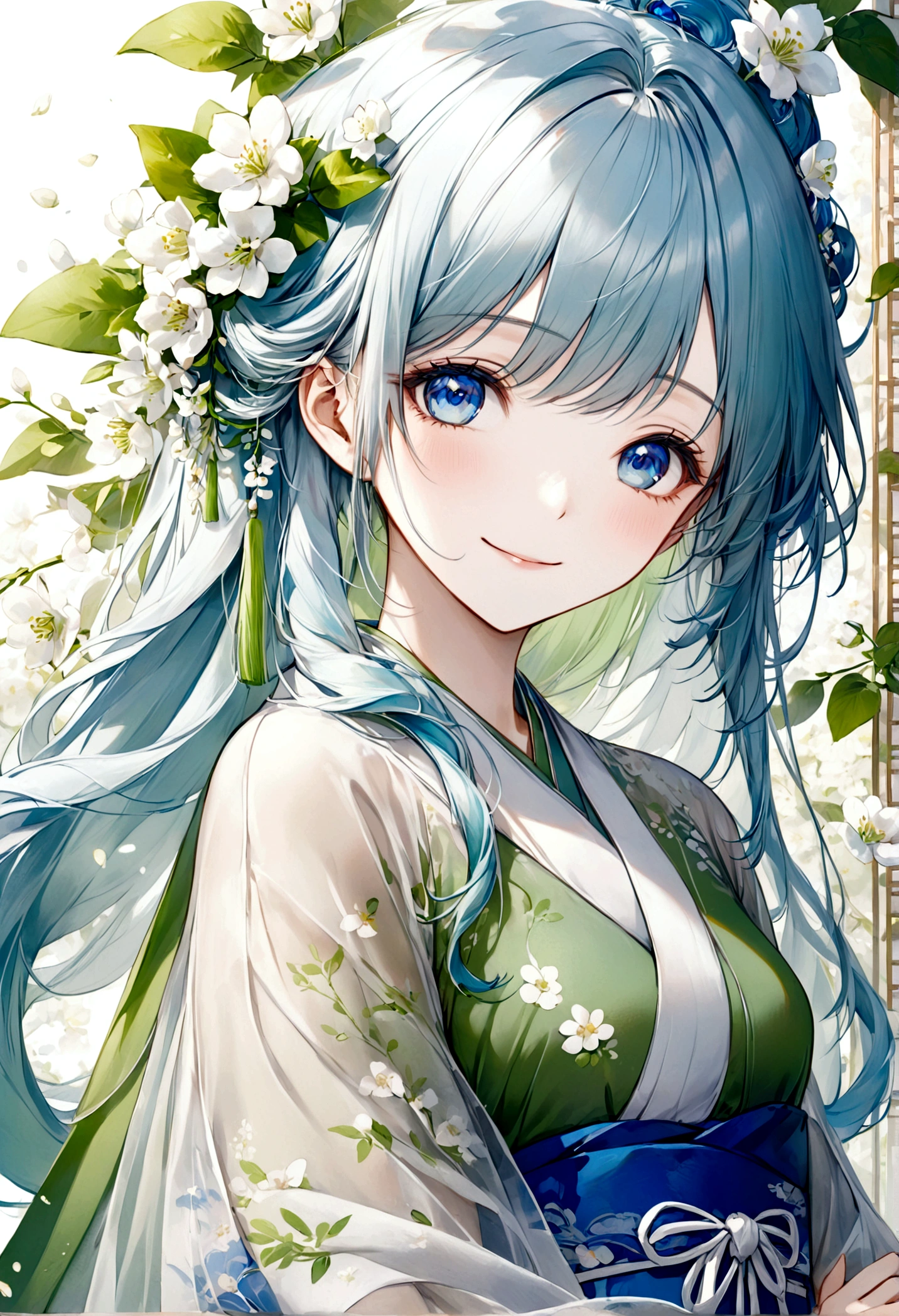 ((top-quality)), ((masterpiece)), ((ultra-detailliert)), (extremely delicate and beautiful), beautiful woman, bright light blue hair, long hair, sapphire blue eyes, traditional chinese hairstyle, wearing sheer green hanfu dress, flowy shawl, sheer spring green and white shawl, sweet smile, relaxed expression, fair complexion, delicate white flowers background