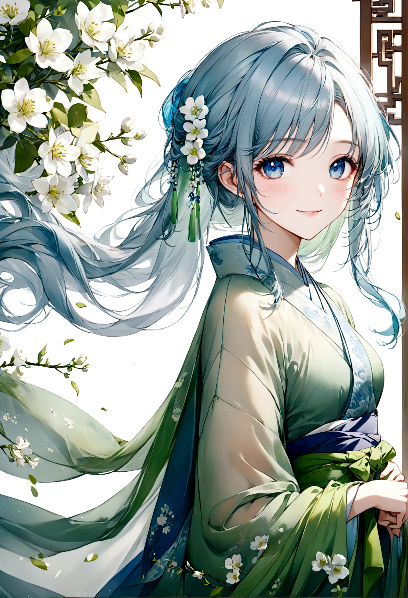 ((top-quality)), ((masterpiece)), ((ultra-detailliert)), (extremely delicate and beautiful), beautiful woman, bright light blue hair, long hair, sapphire blue eyes, traditional chinese hairstyle, wearing sheer green hanfu dress, flowy shawl, sheer spring green and white shawl, sweet smile, relaxed expression, fair complexion, delicate white flowers background