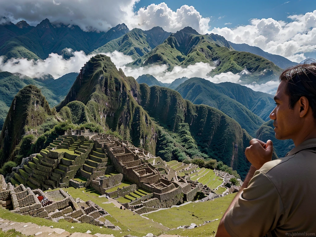 machu picchu,ancient inca city,high in andes mountains,lush green landscape,rocky cliffs,stone architecture,old ruins,atmospheric lighting,dramatic clouds,warm tones,realistic,photorealistic,HDR,8k,best quality,masterpiece,detailed description