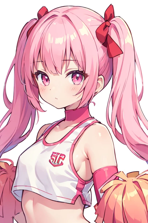 (best quality, masterpiece:1.2), ultra detailed, extremely detailed eyes and face, natural skin texture, detailed skin, natural lighting,
 chibi, 1 girl, 14-years-old, (cute),
 twin tails, pink hair, shiny hair,
 pink eyes,
 small breasts,
 BREAK cheerleader, white and red crop top, white and red sleeveless shirt,
 upper body,