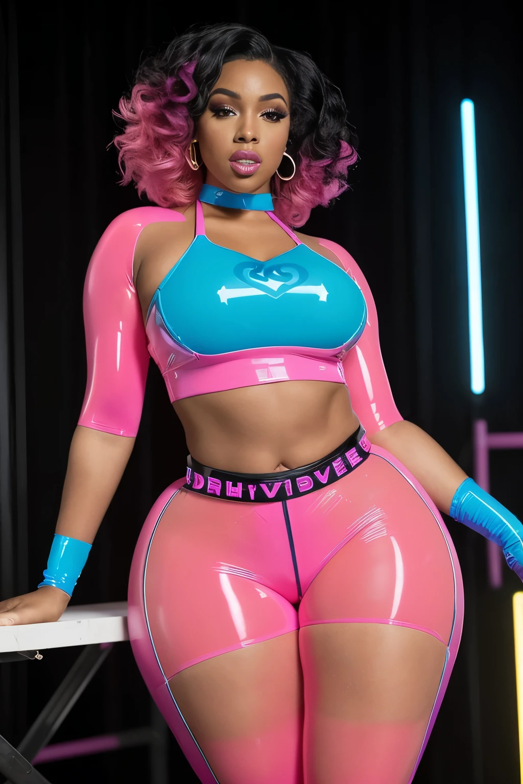 Epic cover: "Embrace the Vibrance,"
Objective: Celebrating body positivity and self-expression,
She has a HUGE hyperrealistic ASS physique, reminiscent of Cherokee D'Ass (aka CherokeeDass), with tiny waist and  features akin to Ariana Grande, complemented by a short, trendy pixie hairstyle,
Vaporwave style,
(Close up: body portrait), focus: 2,
Big lips with a playful, captivating personality, adorned with lots of translucent inflatable parts and oversized, puffy sleeves jacket,
Performance duo of the Perfect