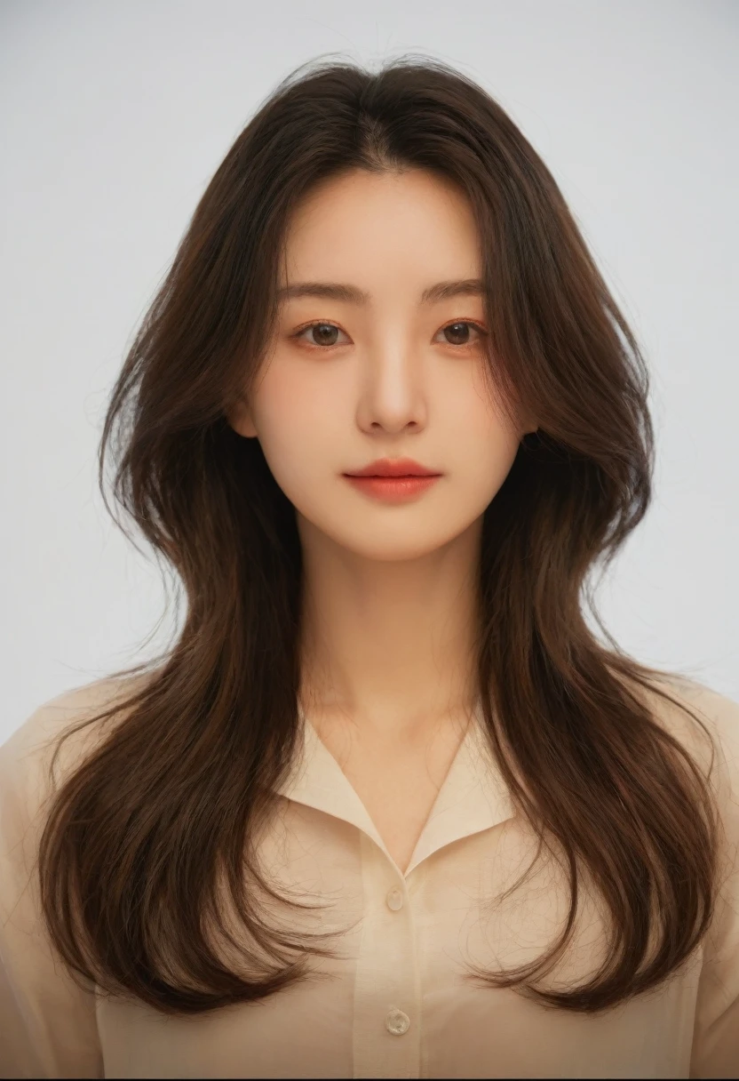 Best Quality, 8k, Masterpiece, (Portrait: 1.3), (photo realistic:1.4), (hyper realistic:1.4), Sharp Focus, looking at viewer, (smoother lighting:1.1), (increase cinematic lighting quality:0.9), realistic lighting, backlighting, light on face, ray trace, (brightening light:1.2), (Increase quality:1.4), sharp detail, (best quality real texture skin:1.4), finely detailed eyes, black_eyes, finely detailed face, 25 year old Korean woman, (white formal_shirt:1.4), (Create an image maintaining the original base model hairstyle:1.5)