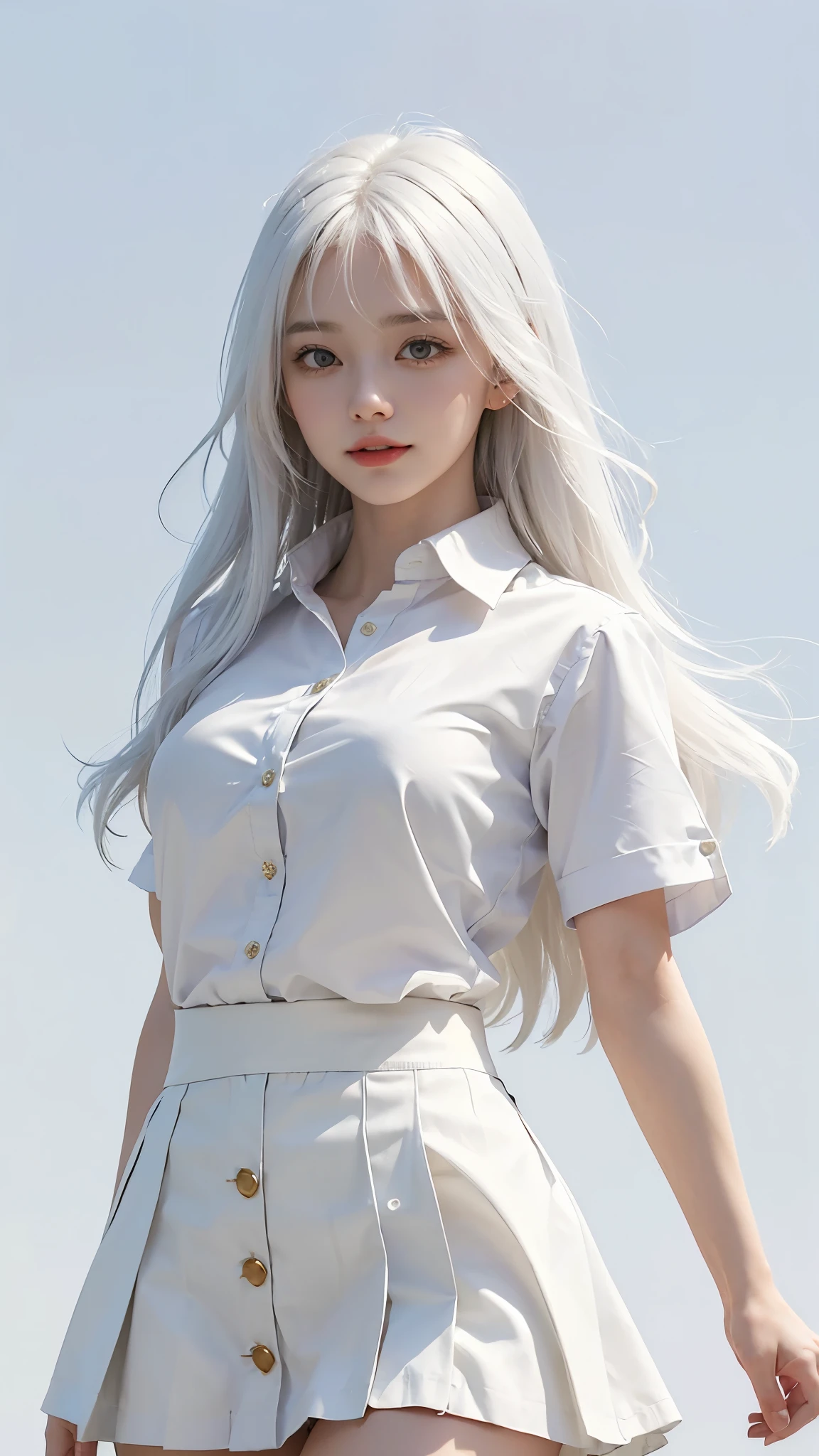 ((masterpiece, best quality)), (1girl), (solo), (female focus), (ahoge, white hair, very long hair), gold eyes, light smile, open mouth, ((white shirt), (buttoned shirt), (button gap)), ((black skirt), (short skirt)), standing, white background, arms behind back, dynamic angle,